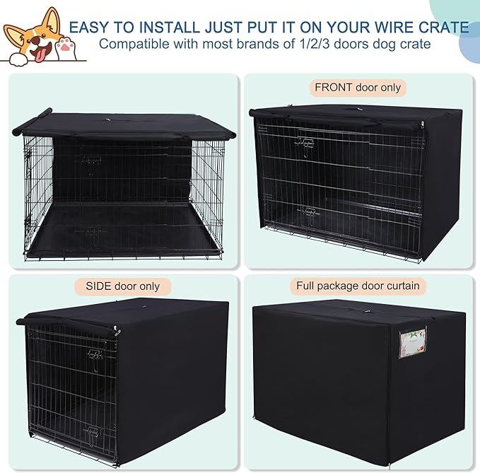 HiCaptain Polyester Dog Crate Cover - Heavy Duty Windproof Pet Kennel Cover for Wire Crate Indoor Outdoor Protection 36in M (Black)