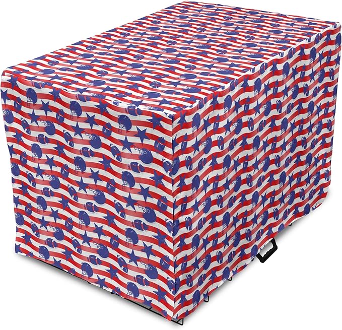 Lunarable Football Dog Crate Cover, Wavy Stripes and National Sport in American USA Inspired Colors, Easy to Use Pet Kennel Cover for Small Dogs Puppies Kittens, 18 Inch, Coral Violet Blue White