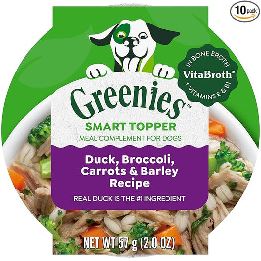 Greenies Smart Topper High Protein Wet Mix-in for Dogs, Duck, Broccoli, Carrots & Barley Recipe in Vitabroth™ Broth - Bone Broth + Vitamins E & B1, Pack of 10