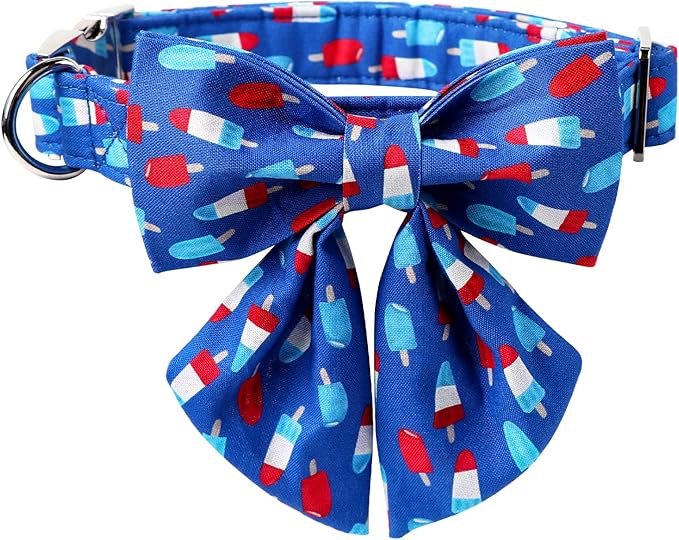 Lionet Paws Patriotic Dog Collar with Sailor Bow, 4th of July, Soft and Comfortable Adjustable Summer Popsicle Collar for Large Dogs, Neck 16-24 inches
