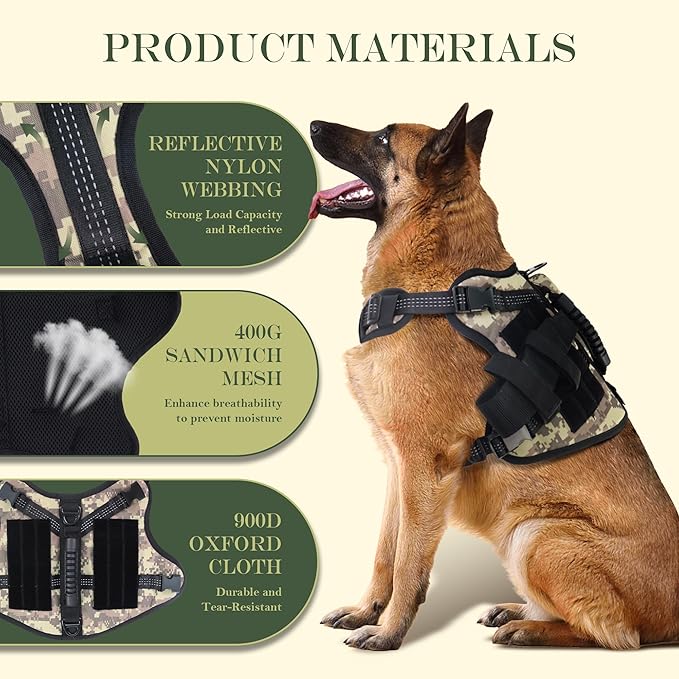 Tactical Dog Harness, Heavy Duty Dog Harness,Adjustable Breathable Pet Harness with MOLLE Panel, Small Pouch, and Bottle Holder,for Large Dogs, Camouflage L