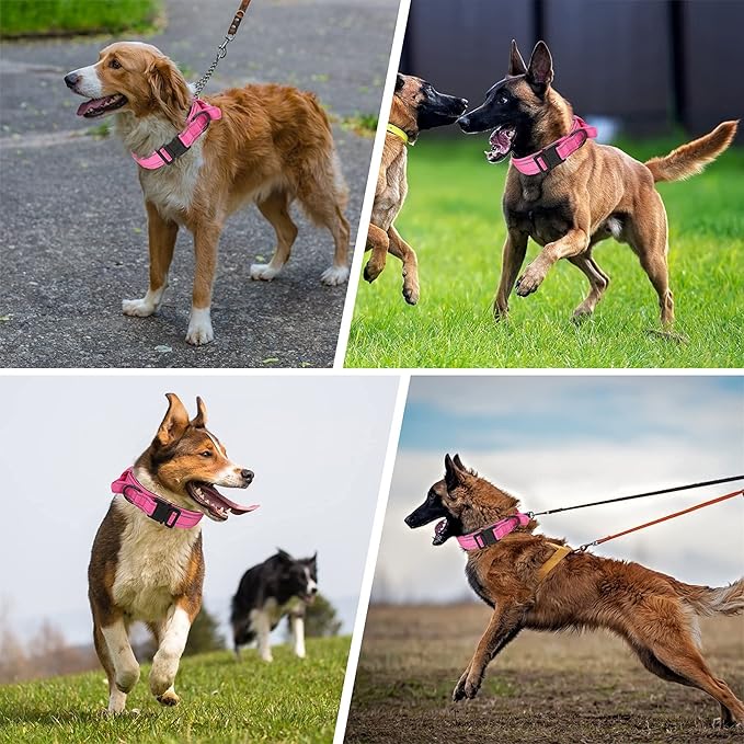 KCUCOP Tactical Dog Collar, Heavy Duty Dog Collar with Handle and Metal Buckle, Military Thick Dog Collars for Medium and Large Dogs(Pink-L-Reflective, 1 Patch)