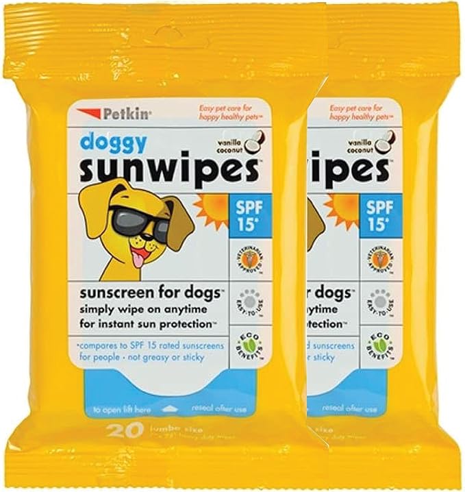 Petkin Dog Sunscreen Sunwipes (2-Pack) - Sunscreen for Dogs, SPF 15 - Simply Wipe on Anytime for Instant Sun Protection - Includes 20 Jumbo Size Wipes, Vanilla Coconut Scent - Ideal for Home or Travel