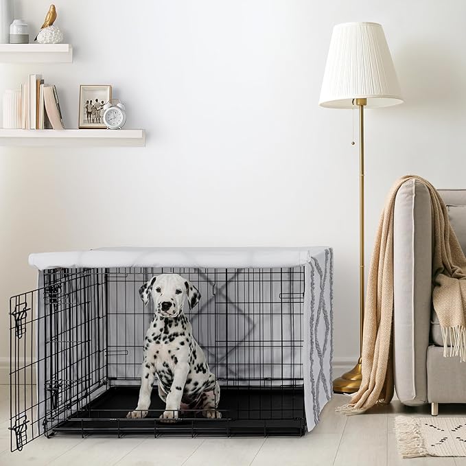 Sweet Jojo Designs White and Grey Bohemian Boho Chic Boy Girl Gender Neutral Unisex Dog Crate Cover – Kennel Covers 36 Inch Pet Cage Medium Farmhouse Shabby Designer Modern Elegant Geometric Textured