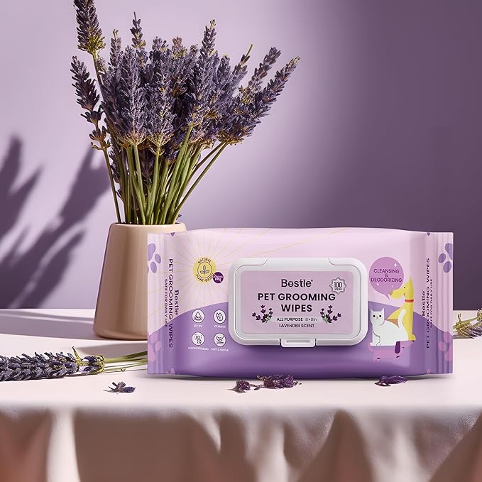 Dog Wipes, 100 Count Pet Grooming Wipes, Conditioning Shine Coat, Cleaning and Deodorizing, Pet Wipes for Dogs & Cats, for Sensitive Skin (Lavender)