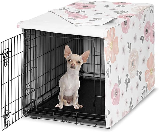 Sweet Jojo Designs Blush Pink Grey Boho Floral Dog Crate Cover – Kennel Covers for 24 Inch Pet Cage Small - Bohemian Farmhouse Shabby Chic Rose Lily Watercolor Flower Elegant Gray and White