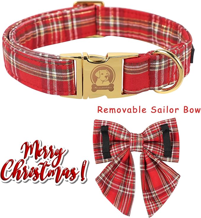 MR. CHUBBYFACE Christmas Red Plaid Dog Collar with Sailor Bow, Adjustable Cotton Christams Dog Collar with Metal Buckle, Cute Boy Girl Pet Collars for Small Medium Large Dogs