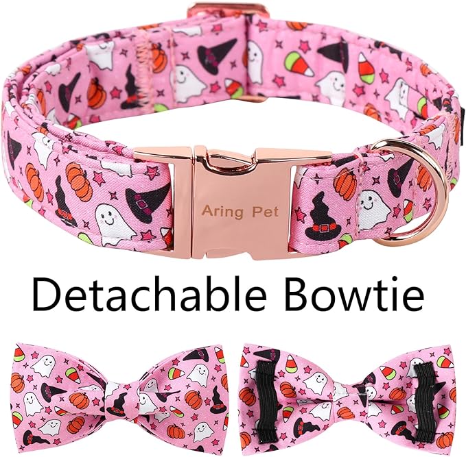 ARING PET Halloween Dog Collar-Cotton Pink Pumpkin Dog Collar with Bow, Adjustable Halloween Themed Bowtie Dog Collars Pet Necklace with Metal Buckle for Girl&Boy Dogs