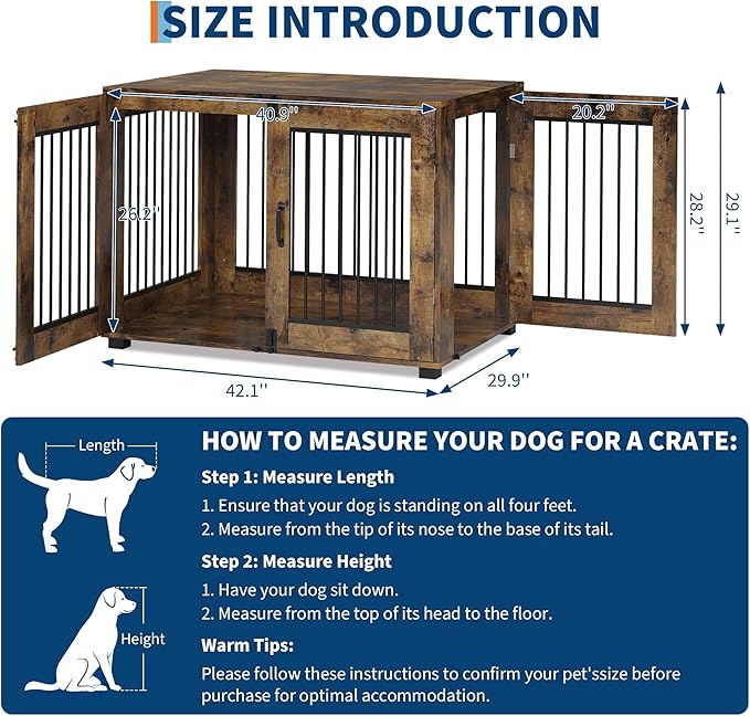 42.1" Dog Crate Furniture, Lockable Double Door Wooden Pet Crate for Indoor Use, Stylish Pet Crate End Table for Small/Large/Medium Dogs, Decorative Pet House, Functional Chic Puppy Crate Furniture