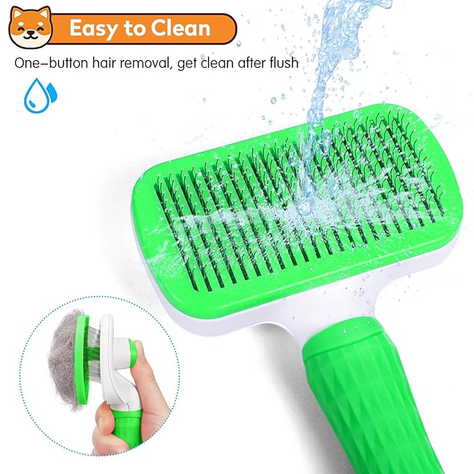 Dog & Cat Brush, Self Cleaning Slicker Brush for Pets, Upgraded Dog Brush for Shedding Massaging and Grooming, Removes Loose Undercoat & Portable Comb for Long Short Haired Dogs(Green)