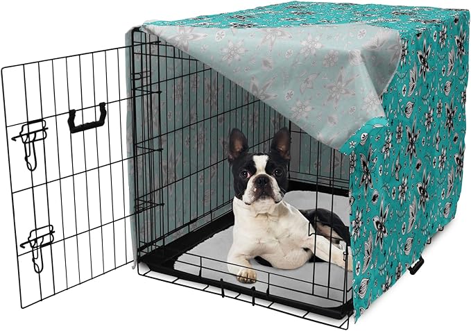 Lunarable Flower Dog Crate Cover, Abstract Monochrome Floral with Botanical Items, Easy to Use Pet Kennel Cover for Small Dogs Puppies Kittens, 22 Inch, Seafoam Grey