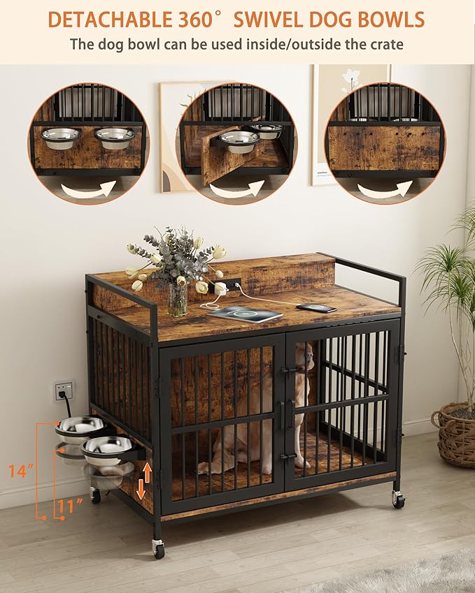Piskyet Large Dog Crate Furniture,Heavy Duty Dog Crate Table with Charge Station and Storage&360°Rotatable Feeder and Stainless Steel Bowls,Indoor Double Door Kennel with Wheels,Rustic Brown 39.9" L