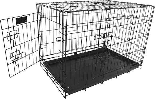 Foldable Double Door Dog Crate with Leak-Proof Tray, 36-Inch