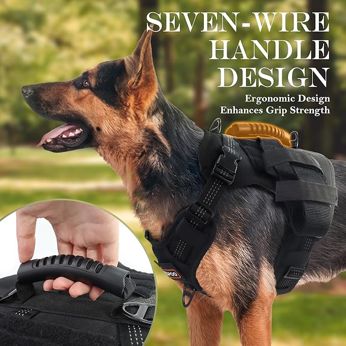 Tactical Dog Harness, Heavy Duty Dog Harness,Adjustable Breathable Pet Harness with MOLLE Panel, Small Pouch, and Bottle Holder,for Large Dogs, Black L