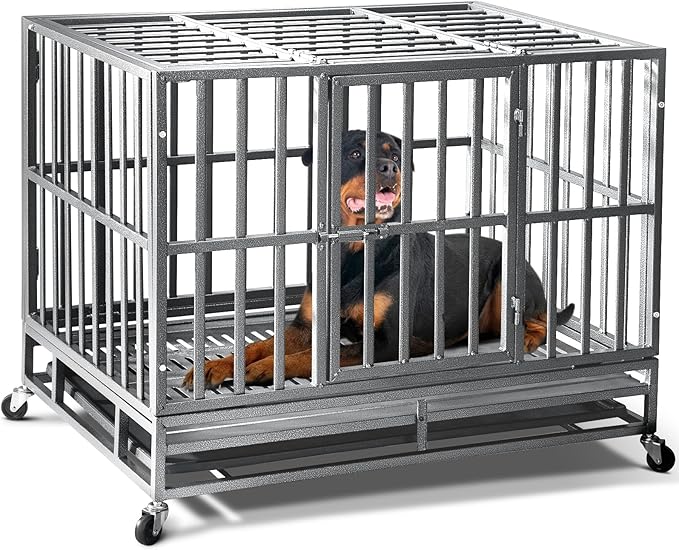 38 inch Heavy Duty Indestructible Dog Crate,2025 New Upgraded Reinforced Baseplate for Large Dogs,XL Dog Crate for High Anxiety Dogs/Max Load Capacity 200lbs/Double Door with Wheels（Silver）