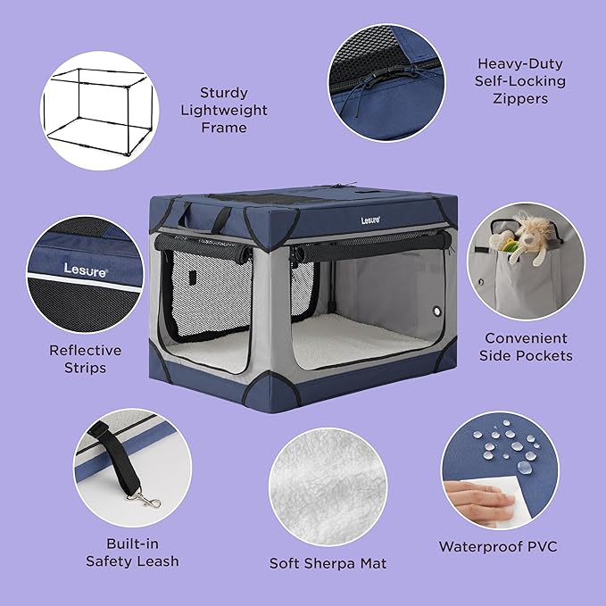 Lesure Soft Collapsible Dog Crate - 26 Inch Portable Travel Crate for Small Dogs Indoor & Outdoor, 4-Door Foldable Pet Kennel with Durable Mesh Windows, Blue