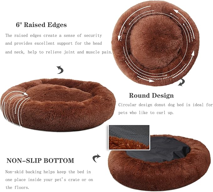 Orthopedic Dog Beds for Medium Dogs 30 inch Round Calming Pet Beds Machine Washable Faux Fur Doggie Beds for Medium Dogs Chocolate Brown