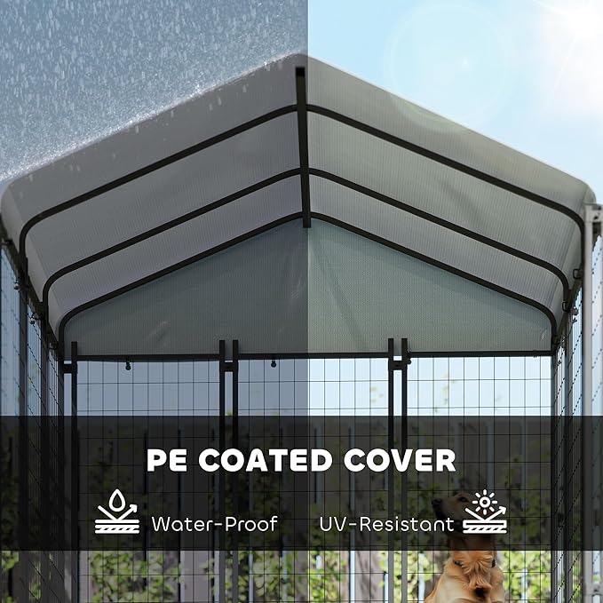 PawHut Outdoor Dog Kennel with Roof, 6' x 6' x 6' Heavy Duty Welded Wire Dog Playpen Enclosure with Escape-Proof Lock, UV-Resistant & Waterproof Cover, for Large Dogs, Silver