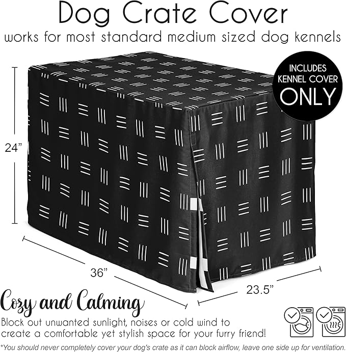 Sweet Jojo Designs 36in. Medium Dog Crate Cover (Black and White Boho) Pet Cage, Kennel Covers (Mudcloth, Black & White, Bohemian, Modern, Minimalist, Southwest, Mud Cloth, Hatch, Neutral Triple Line)