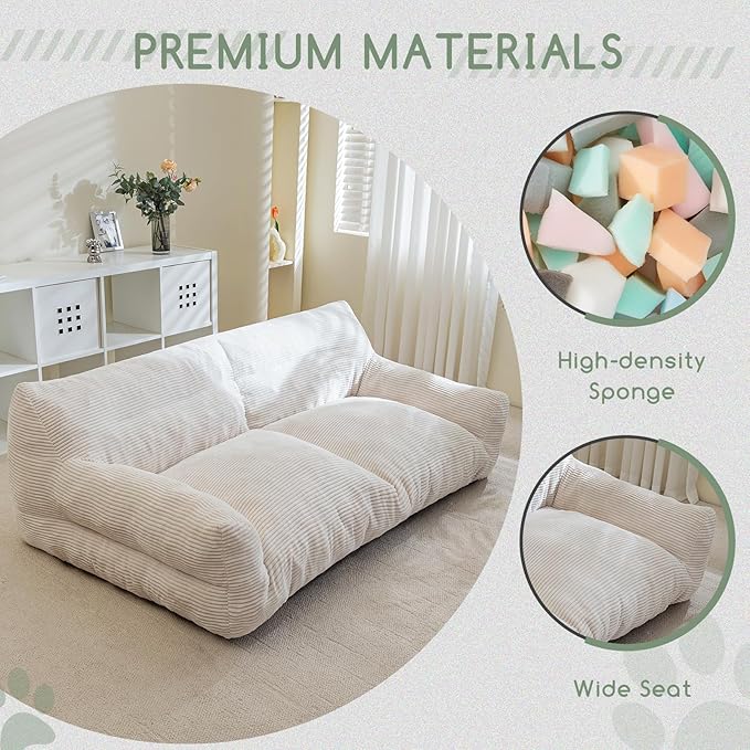 HIGOGOGO Giant Human Dog Sofa Bed, Big Comfy Floor Sofa Couch for Pet Families with Foam Chunk Supportive Mat, Corduroy Orthopedic Dog Bed for Human, Beige