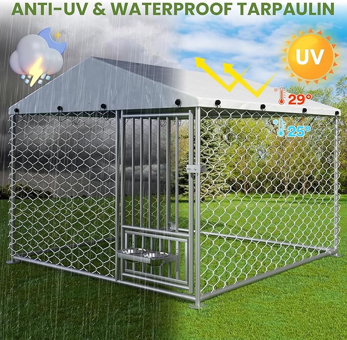 6.7 x 6.7 ft Dog Kennel Outside - Outdoor Dog Kennel with Roof, Heavy Duty Outdoor Dog Kennel with Rotating Feeding Bowls, for Medium Small Dogs