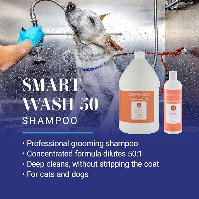 Chris Christensen SmartWash50 Hypo-Allergenic Ultra Concentrated Dog Shampoo, Makes up to 50 Bottles, Groom Like a Professional, Delightfully Fragranced, Suitable for All Coats, Made in The USA, 1gal