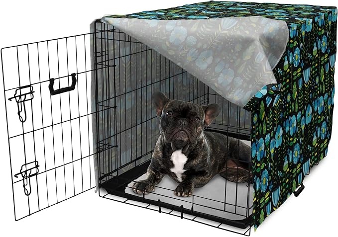 Lunarable Floral Dog Crate Cover, Abstract Flower Bouquets Dragonflies Ladybugs Butterflies on Dark, Easy to Use Pet Kennel Cover for Cats & Medium Dogs, 24 Inch, Blue Green and Charcoal Grey