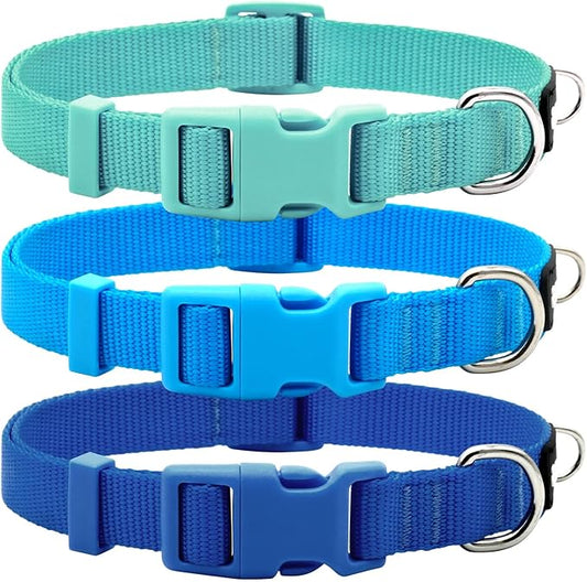 azuza 3 Pack Dog Collars Comfortable and Adjustable Nylon Dog Collars for for Small Dogs, S (11-16inch)，Green, Blue and Royal Blue
