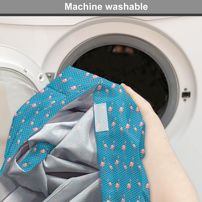 Lunarable Flamingo Dog Crate Cover, Tropical Romance Birds on Wavy Horizontal Stripes Hawaiian Love Doodle, Easy to Use Pet Kennel Cover for Cats & Medium Dogs, 24 Inch, Azure Blue and Coral