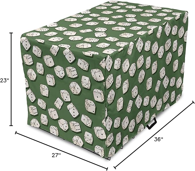 Lunarable Casino Dog Crate Cover, Cartoon Style Dices Pattern on Green Background Chance Game Lucky Jackpot, Easy to Use Pet Kennel Cover for Medium Large Dogs, 36 Inch, Green Cream Black