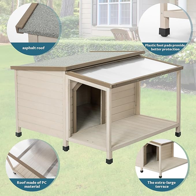 Wood Dog House Outside, Dog House with Open Roof and Terrace Durable Waterproof Doghouse for Small to Medium Dogs-Beige