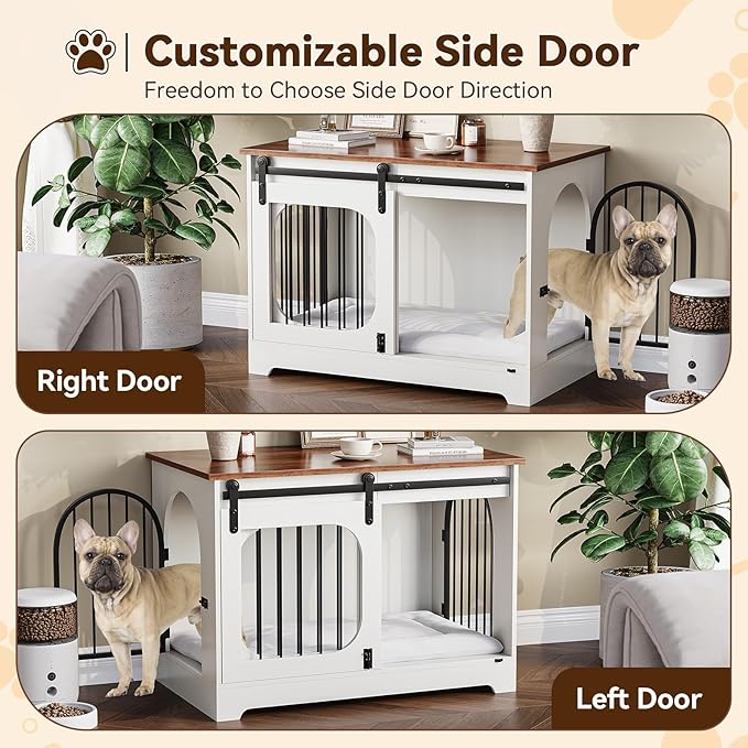 Dog Crate Furniture, 39.4" Dog Kennel for Dogs Up to 70 Lb, with Bed Mat, Heavy-Duty Dog Cage End Table, Three Doors Dog House, White/Brown