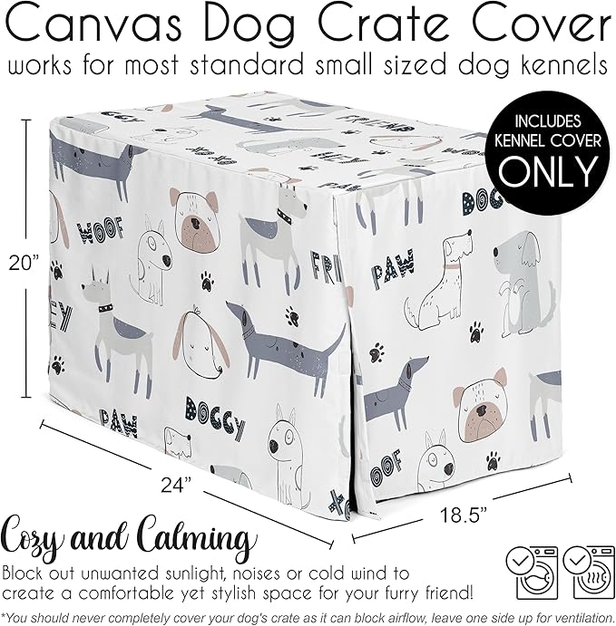 Sweet Jojo Designs Cartoon Puppy Print Dog Crate Cover – Kennel Covers for 24 Inch Pet Cage Small - Neutral Grey Taupe Blue White Modern Bulldog Wiener Doggy Paw Print Gray