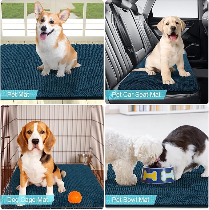 OLANLY Dog Door Mat for Muddy Paws 24x16, Absorbs Moisture and Dirt, Absorbent Non-Slip Washable Mat, Quick Dry Chenille, Mud Mat for Dogs, Entry Indoor Door Mat for Inside Floor, Atlantic Blue
