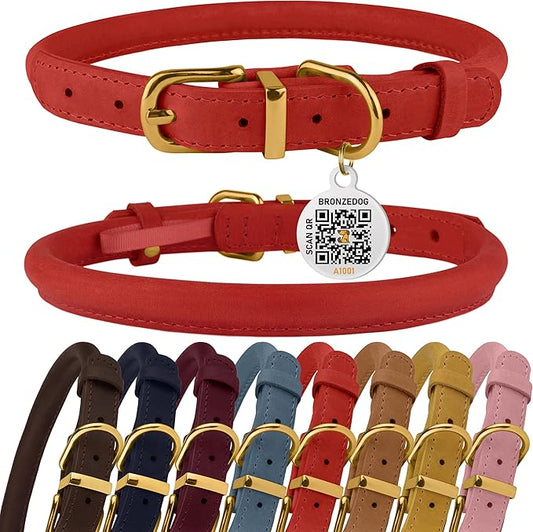 BRONZEDOG Rolled Leather Dog Collar with QR ID Tag Adjustable Soft Round Collars for Small Medium Large Dogs Puppy Cat (14" - 16" Neck Size, Classic Red)