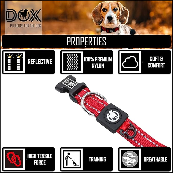 DDOXX Reflective Nylon Dog Collar - Strong and Adjustable Collars Dogs - L (Red)