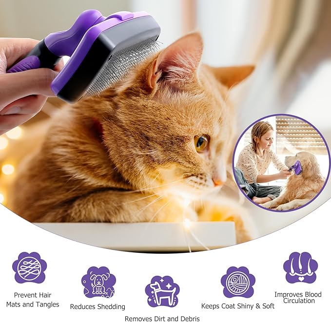 Dog Brush Kit – 4-in-1 Grooming Set with Self-Cleaning Slicker Brush & Undercoat Rake for Small, Medium & Large Long-Haired Dogs, Cats & Pets, Reduces Shedding, Tangles & Mats, Easy to Use