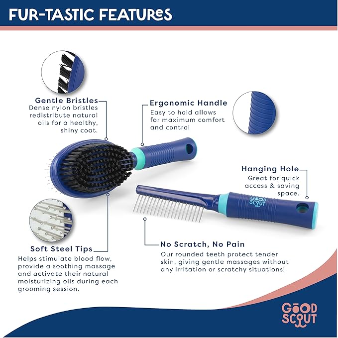 Good Scout 2-Piece Deshedding Tool Set with Comb & Soft Bristle Brush, Best Deshedding Tool for Dogs & Cats, Gentle, Safe & Effective Grooming Tool for Short or Long Haired Animals