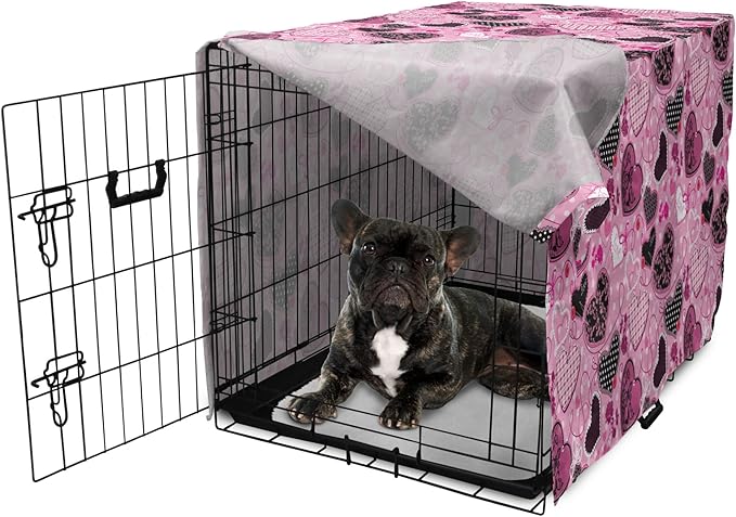 Lunarable Hearts Dog Crate Cover, Sewing Themed Love with Polka Dots Valentine's Day Inspired Image, Easy to Use Pet Kennel Cover for Cats & Medium Dogs, 24 Inch, Pink Black White