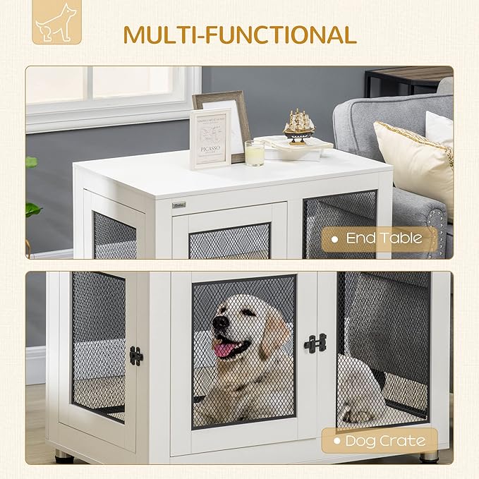 PawHut Dog Crate Furniture, 37" Dog Kennel Furniture with Water-Resistant Cushion, Double Doors for Large Dogs, Dog Crate End Table for Indoor Use, White