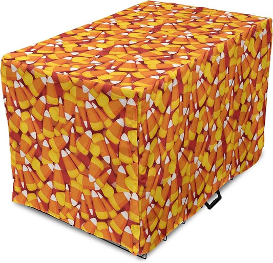 Lunarable Candy Corn Dog Crate Cover, Cartoon Style Pattern of Repetitive Nested Sweets Clutter, Easy to Use Pet Kennel Cover for Medium Large Dogs, 48 Inch, Marigold Vermilion