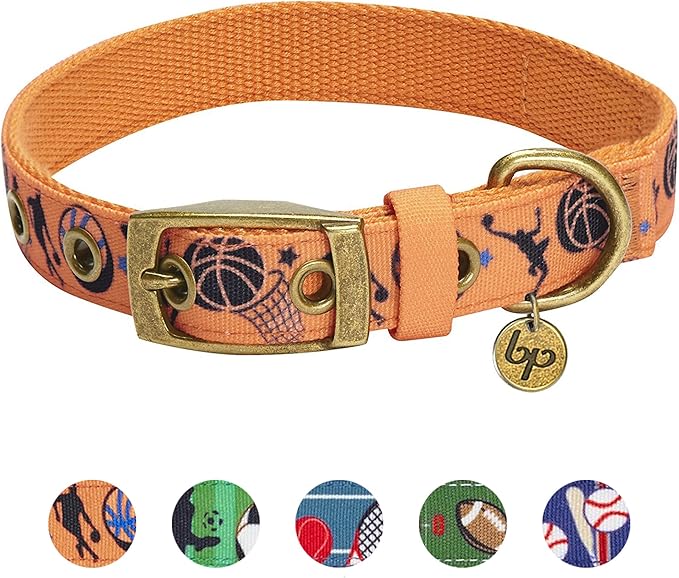 Blueberry Pet 5 Patterns Sports Fan Basketball Canvas Adjustable Dog Collar with Metal Buckle - Passion Orange, Neck 13-16.5", for Medium Breed