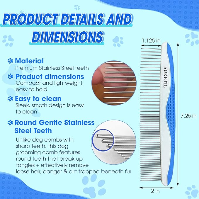 Dog Comb Stainless Steel Teeth, Dog combs for grooming matting, Dematting Comb for Dogs and Cat Removes Tangles & Knots (Blue)