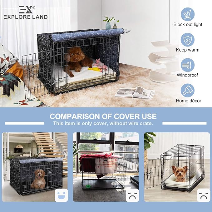 Explore Land Pattern Dog Crate Cover for 30 Inches Wire Cage, Heavy-Duty Polyester 1 2 3 Doors Standard Metal Pet Kennel Enclosure (Brief Polygonal)