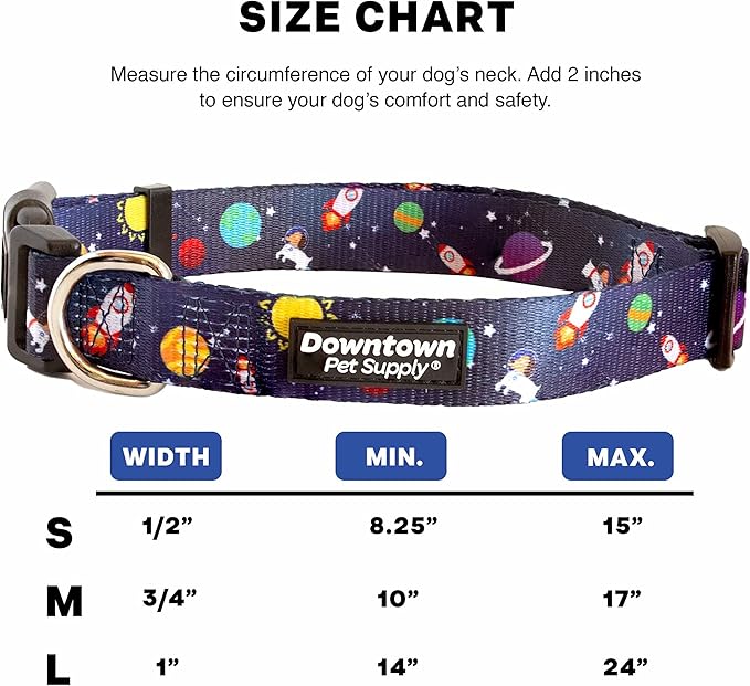 Downtown Pet Supply - Best, Cute & Fancy Dog Collar - Lightweight Adjustable Dog Collar with Quick Buckle & D-Ring - Hand Wash Safe - Space - L - Large Dog Collar