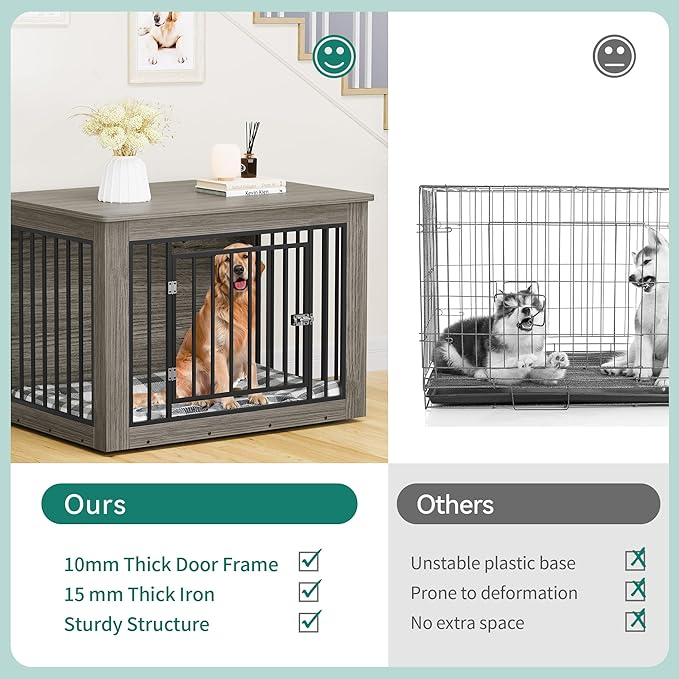 YITAHOME Dog Crate Furniture for Large Dogs, Side End Table, Modern Dogs Kennel Indoor up to 80 lb, 2-in-1 Iron-Wood Fusion Dog Cage with Waterproof Top, Safety Corners, Steel Lock,43" L,Greige