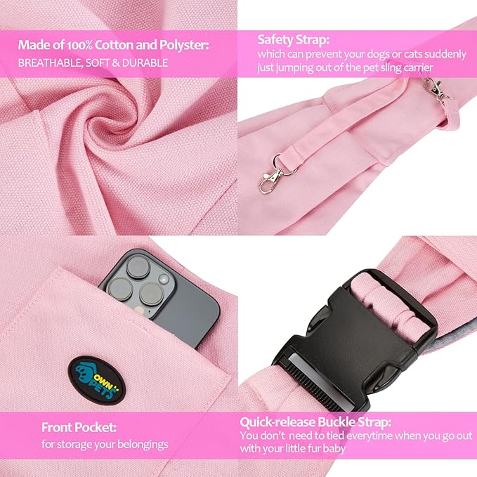 OWNPETS Pink Pet Sling Carrier, Pet Sling Carrier Bag Safe,Fit 10~15lb Cats&Dogs, Comfortable, Adjustable, Perfect for Daily Walk, Outdoor Activity and Weekend Adventure
