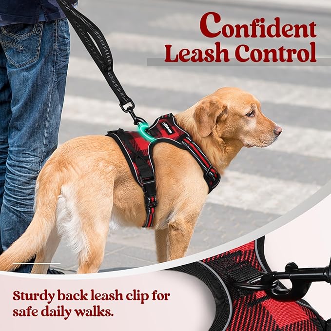 rabbitgoo Dog Harness for Large Dogs No Pull, Comfortable Padded Plaid Dog Harness with Handle Easy Control, Adjustable Reflective Puppy Pet Harness Vest with 2 Leash Clips, Red Plaid, L