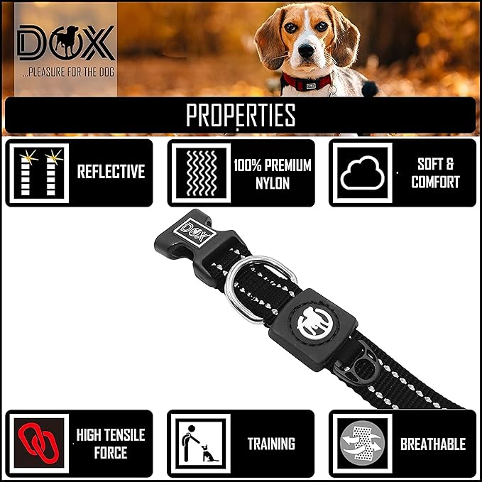 DDOXX Reflective Nylon Dog Collar - Strong and Adjustable Collars Dogs - L (Black)