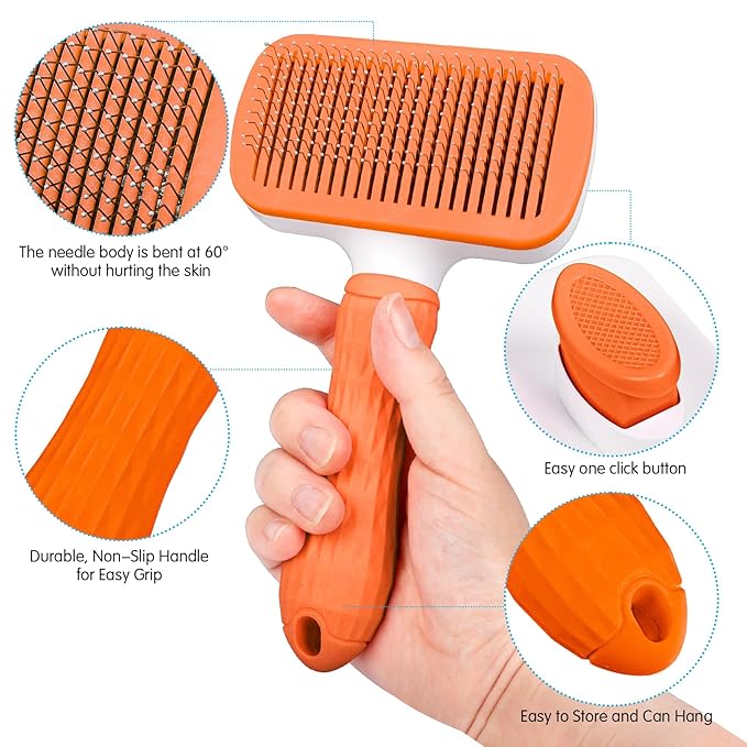 Dog & Cat Brush, Self Cleaning Slicker Brush for Pets, Upgraded Dog Brush for Shedding Massaging and Grooming, Removes Loose Undercoat & Portable Comb for Long Short Haired Dogs(Orange)